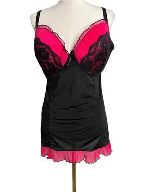 Lace Satin Babydoll Chemise Womens XL Black Pink Ruffle Hem Lingerie Sexy